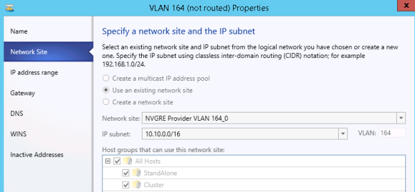 Specifying a network site and the IP subnet