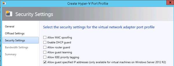 Example of setting security for a virtual port profile